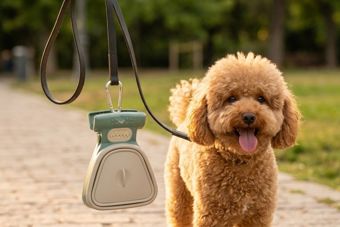 Caniche paseando con el Recogedor Plegable Mimado and Co.